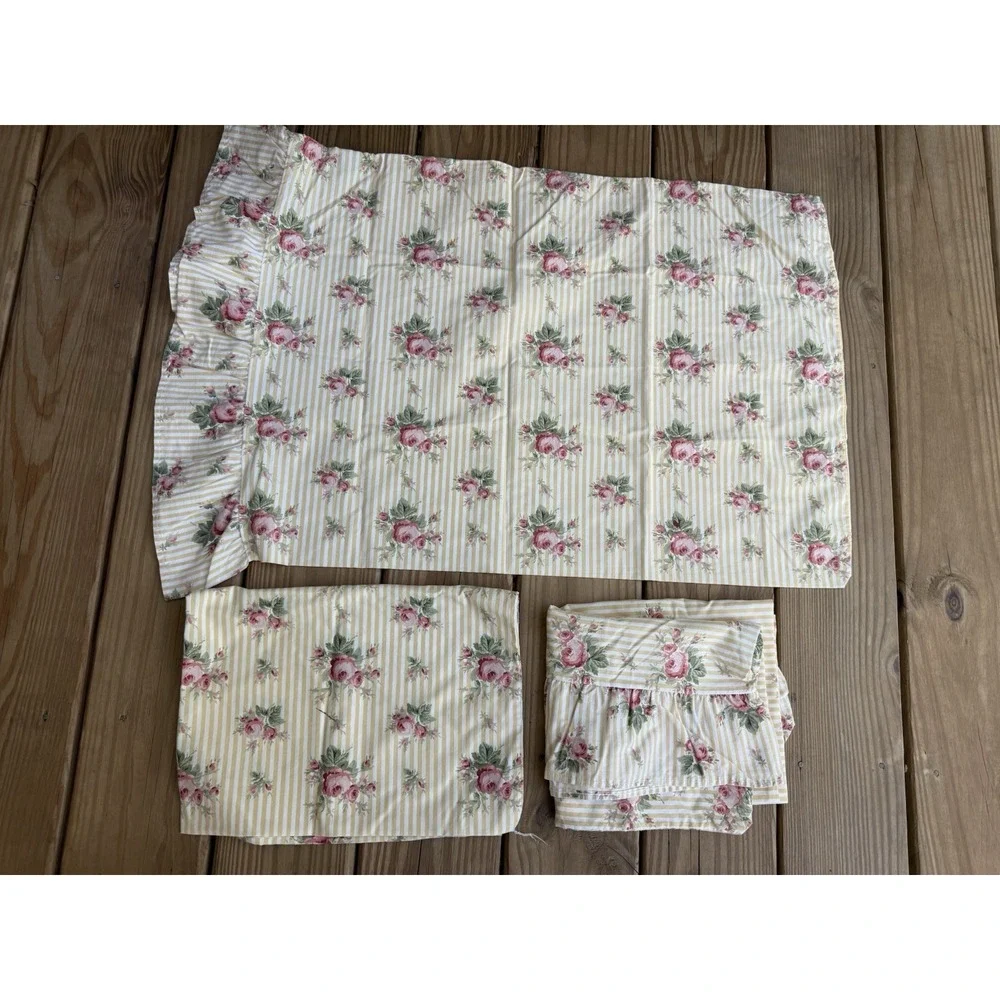 3 Vtg Ralph Lauren Sophie Brooke Yellow Stripe Rose Ruffle Standard Pillowcases